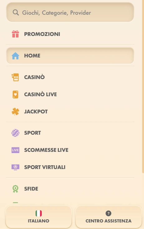 Vegasino Menu mobile